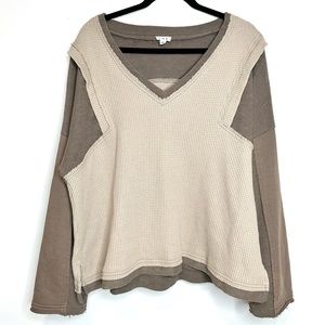 POL Waffle Knit French Terry Oversized Sweater Top Sz Medium 2-Tone Brown Tan